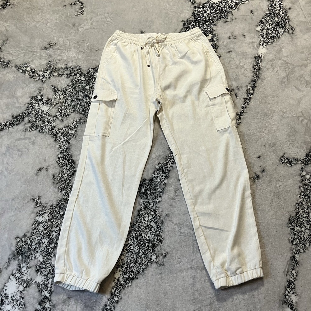 Love Tree Pants Womens Size Large White Jogger Linen Blend‎ Drawstring Waist